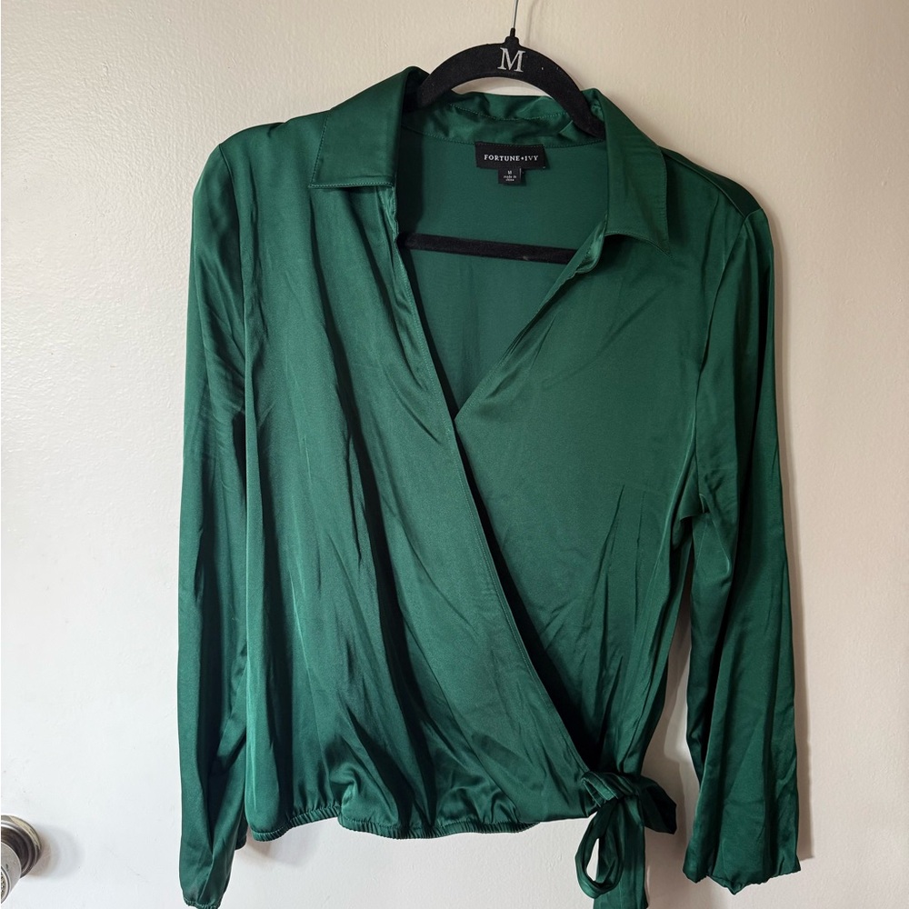Emerald Green Satin Wrap Blouse by Fortune + Ivy